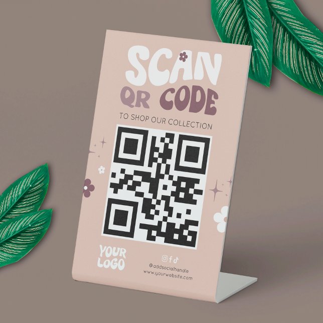 Expositor En L Groovy Retro de moda sitio web de medios sociales  (Modern groovy QR code sign - can be used for any type of scannable code: payment, website, socials)