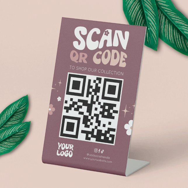 Expositor En L Groovy Retro de moda sitio web de medios sociales  (Modern groovy QR code sign - can be used for any type of scannable code: payment, website, socials)