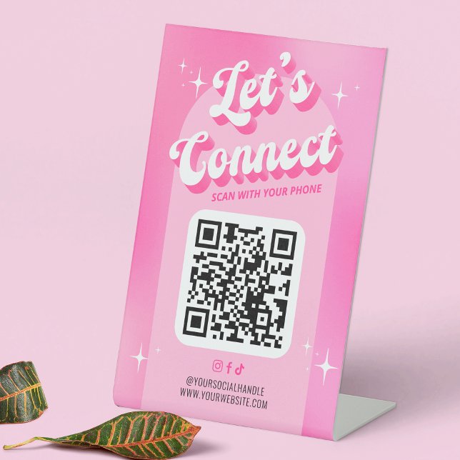 Expositor En L Groovy rosado moderno Conectemos código QR escanea (Let's Connect trendy QR code sign design with retro fonts, groovy style and girly pink aesthetic)