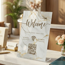 Expositor En L Guion de bienvenida elegante código QR WIFI mármol