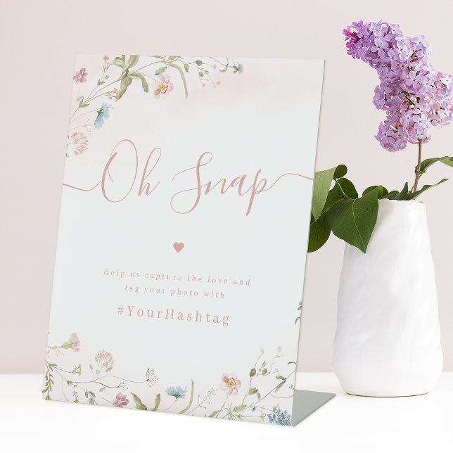Expositor En L Guión de flor silvestre rosa, boda rústica Oh Snap (Pink Wildflower script rustic Wedding Oh Snap Pedestal Sign)