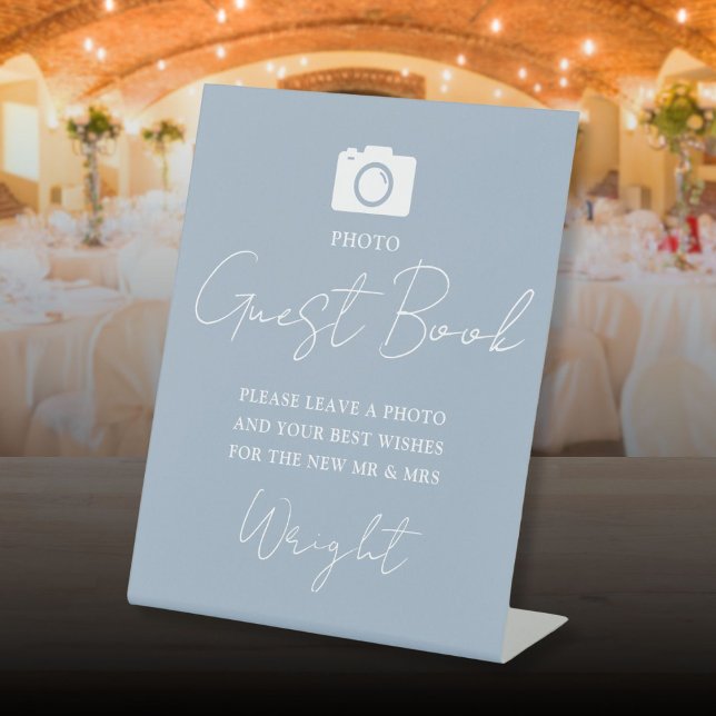 Expositor En L Guión del libro de invitados Dusty Blue Boda (Photo Guest Book Script Dusty Blue Wedding Pedestal Sign)