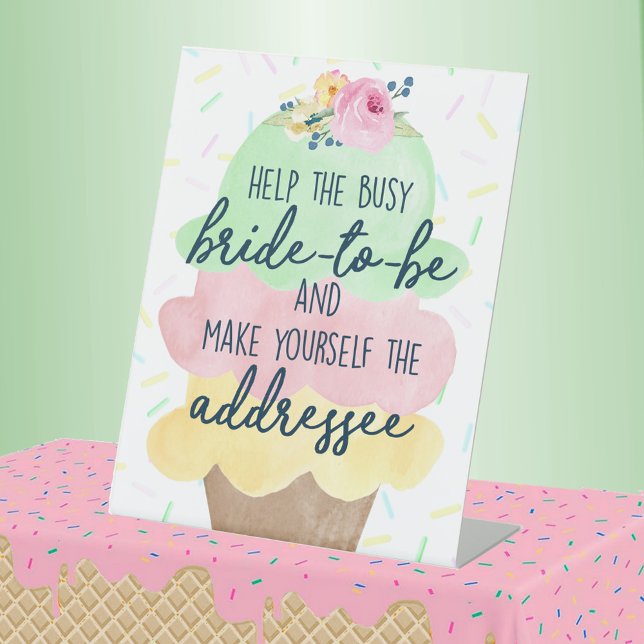 Expositor En L Háganse La Ducha De Novias De Addresse (Bride to Be Addressee Watercolor Ice Cream Bridal Shower Pedestal Table Sign)