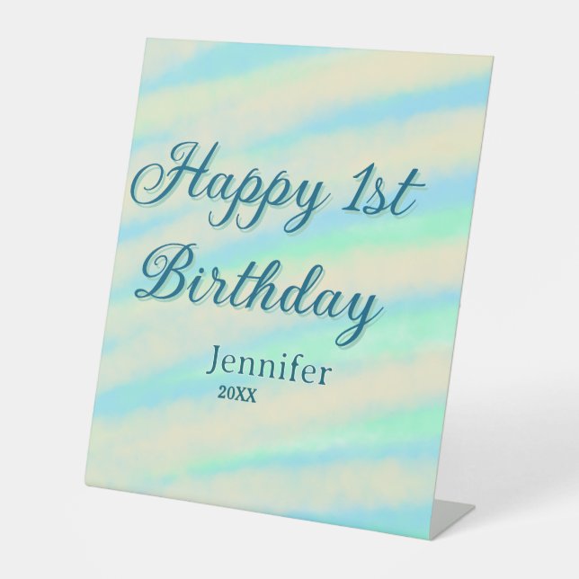 Expositor En L Happy 1st birthday kids baby blue green pastel ret (Anverso)