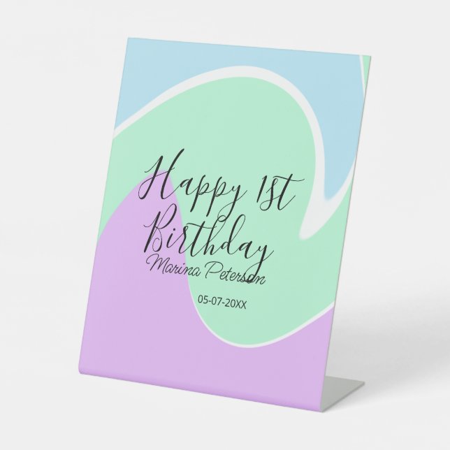 Expositor En L Happy 1st birthday pink green blue acrylic pour  (Anverso)