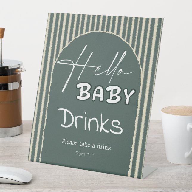 Expositor En L Hello Baby Dark Green Stripes Baby Shower Drinks (In Situ)