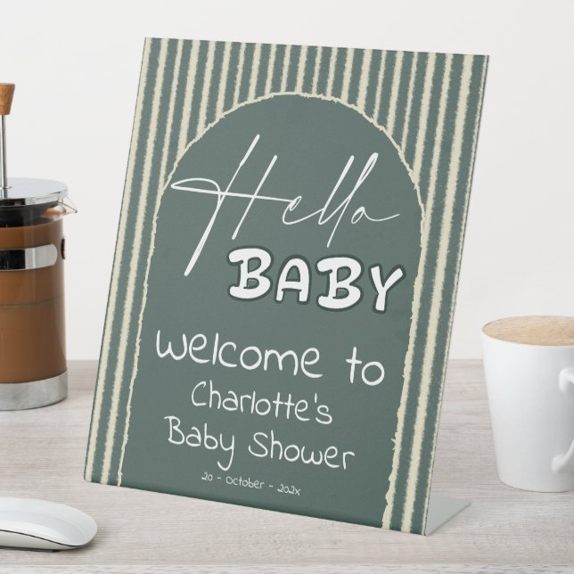 Expositor En L Hello Baby Dark Green Stripes Baby Shower Welcome (In Situ)