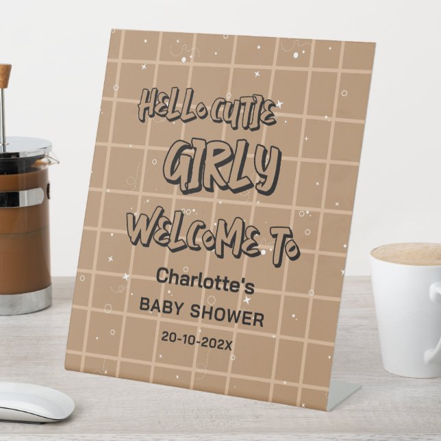 Expositor En L Hello Cutie Girly Cute Brown Gingham Baby Welcome (In Situ)