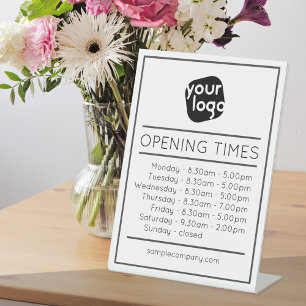 Expositor En L Horas de apertura de negocio con logotipo y texto 
