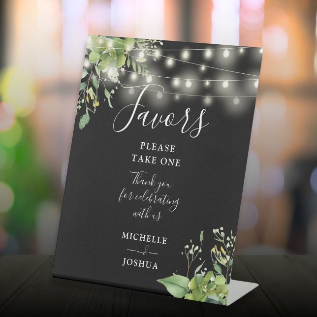 Expositor En L Iluminación de cuerda Verdor Favor Negro Y Blanco (String Lights Greenery Black And White Favors Pedestal Sign)