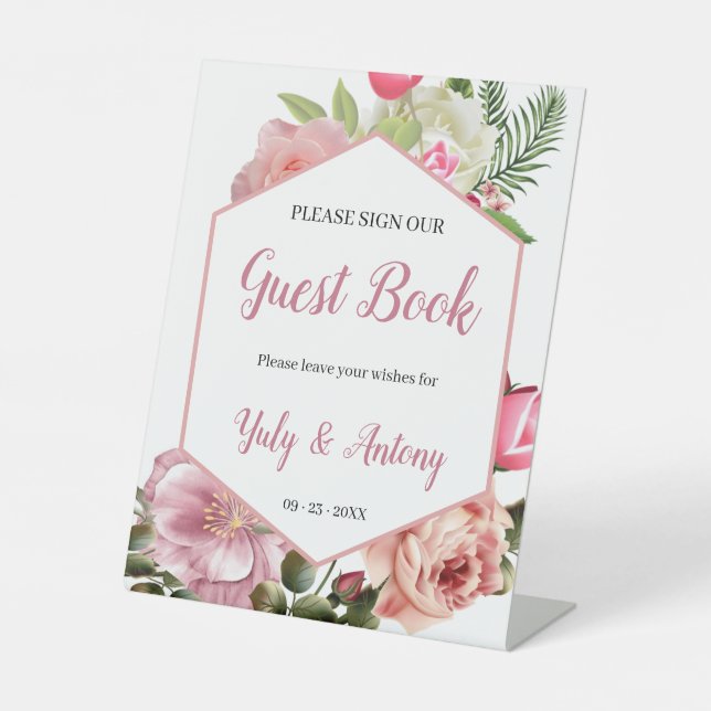 Expositor En L Invitación para libro de firmas Hexágono Flor de C (Anverso)