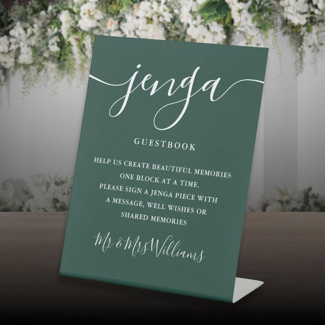 Expositor En L Jenga Boda Guestbook Elegant Green (Jenga Wedding Guestbook Elegant Emerald Green Pedestal Sign)