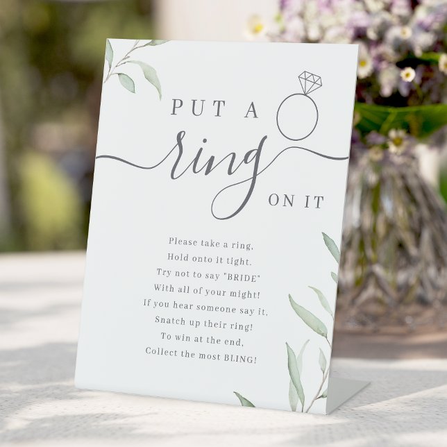 Expositor En L Juego de lluvia de ideas para despedida de soltera (Greenery put a ring on it bridal shower game pedestal sign)