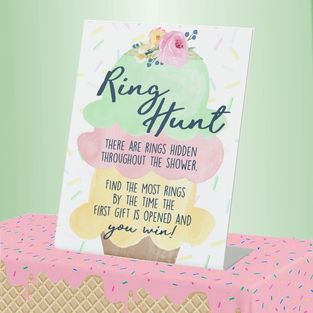 Expositor En L Juego Ring Hunt Ice Cream Bridal Shower (Ring Hunt Game Watercolor Ice Cream Bridal Shower Pedestal Table Sign)