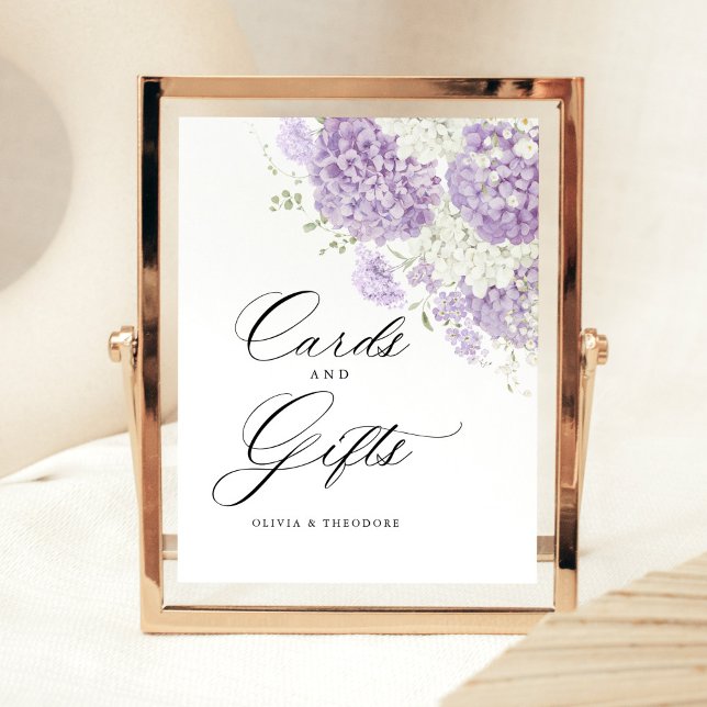 Expositor En L Lavender Lilac White Floral Cards & Gifts Wedding (Lavender lilac white hydrangea floral cards and gifts wedding sign with elegant script, watercolor)