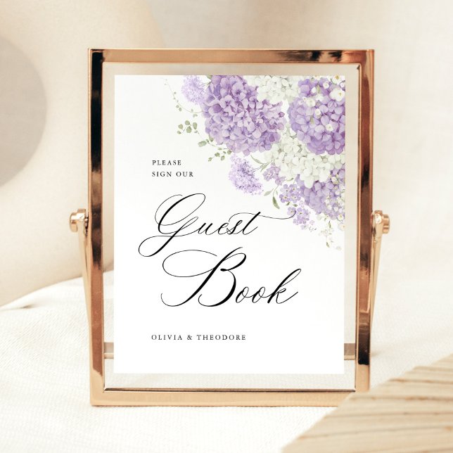 Expositor En L Lavender Lilac White Floral Guest Book Wedding (Lavender lilac white hydrangea guest book sign wedding signage with elegant script, watercolor)