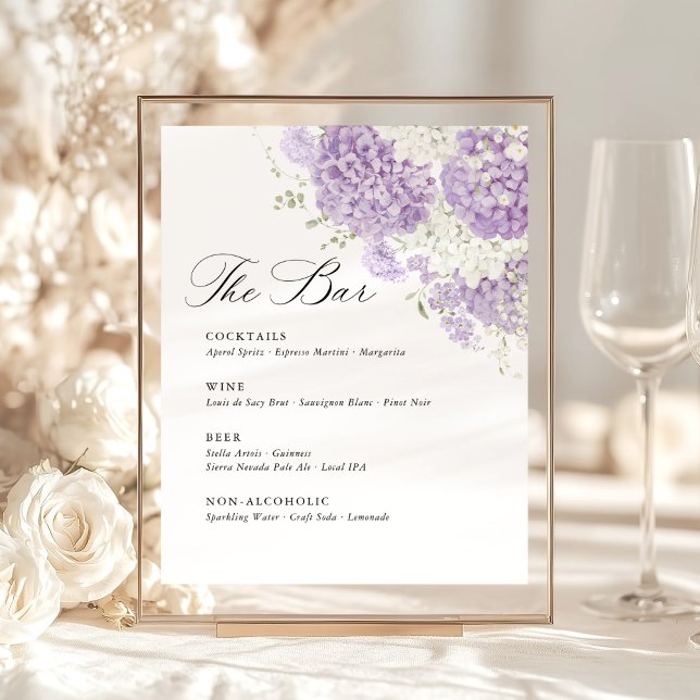 Expositor En L Lavender Lilac White Floral Wedding Bar Menu (Lavender lilac white hydrangea wedding bar sign with elegant calligraphy, purple floral bar menu)
