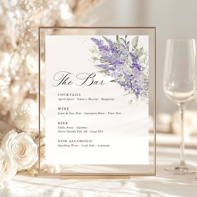 Expositor En L Lavender & Sage Green Floral Wedding Bar Menu (Lavender sage green floral wedding bar menu sign, romantic watercolor garden wedding reception)