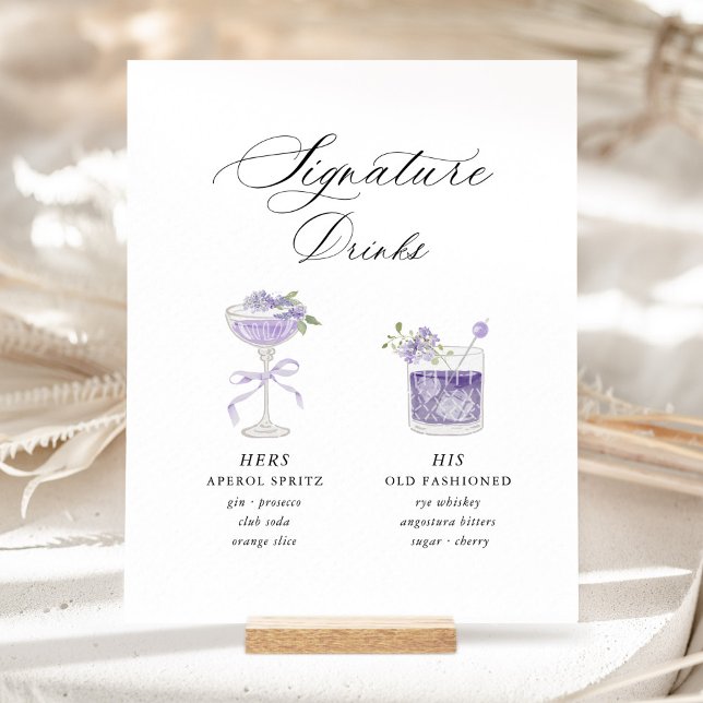 Expositor En L Lavender Signature Drinks Wedding (Lavender signature drinks wedding bar sign with watercolor cocktails, romantic hers & his drink menu)