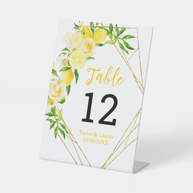 Expositor En L Lemons and Foliage Wedding Table Number (Anverso)