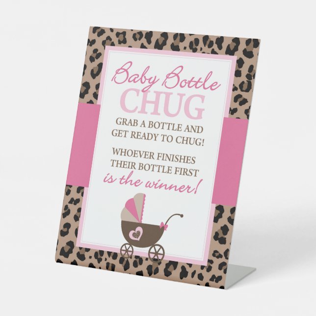 Expositor En L Leopard Baby Bottle Chug Baby Shower Game Rótulo (Anverso)