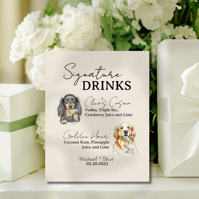 Expositor En L Letrero de Bebidas Destacadas de Boda de Dos Perro (Accent your bar with this Two Dog Wedding Signature Drinks Bar Sign!)