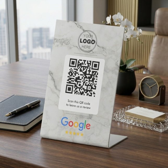 Expositor En L Letrero de Código QR de Reseña de Google de Mármol (Luxury Marble Google Review Sign | QR Code Pedestal Display for Business)