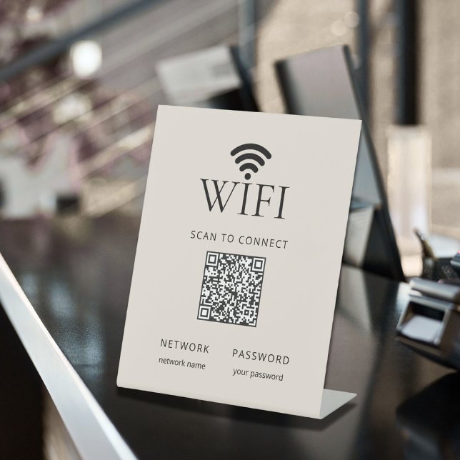 Expositor En L Letrero de escritorio de contraseña WiFi minimalis (Minimalist WiFi Password Desk Sign QR Code Beige)