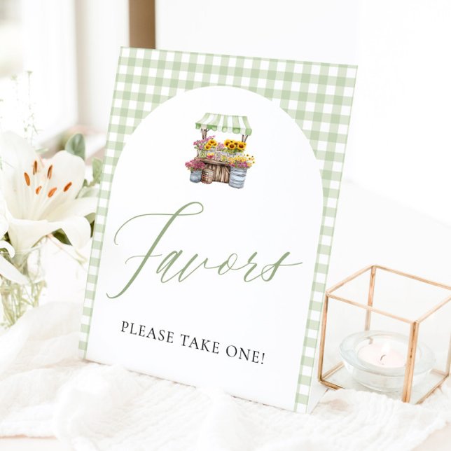 Expositor En L Letrero de Favoritos de Gingham Verde Fresco Direc (Green Gingham Fresh Off The Market Favors Sign)