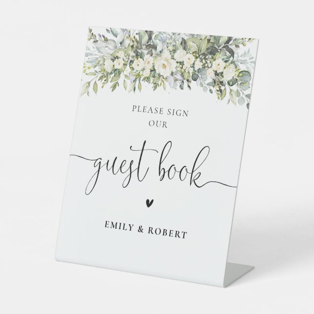 Expositor En L Letrero de Libro de Invitados Floral Blanco (Anverso)