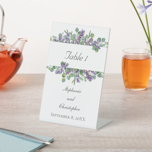 Expositor En L Letrero de mesa de boda elegante de lavanda y euca (In Situ)