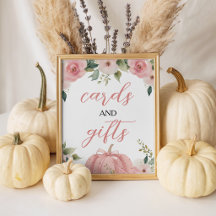 Letrero de mesa de tarjetas y regalos de calabaza 