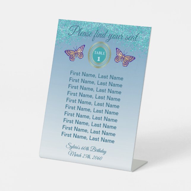 Expositor En L Letrero de número de mesa con brillo azul turquesa (Anverso)