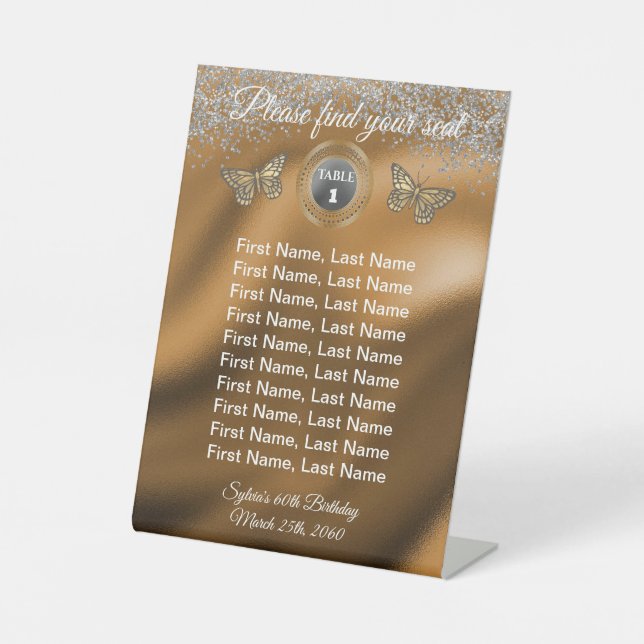 Expositor En L Letrero de número de mesa con purpurina y mariposa (Anverso)