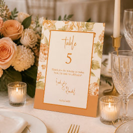 Expositor En L Letrero de número de mesa nupcial floral naranja