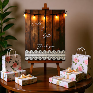 Expositor En L Letrero de pedestal de Rustic Wood and Lace Cards 