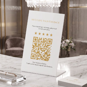 Expositor En L Letrero de reseñas de código QR de oro minimalista