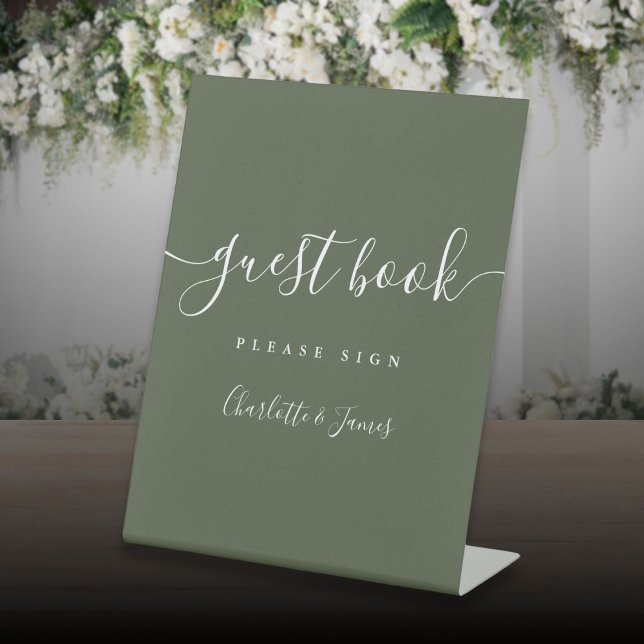 Expositor En L Libro de firmas con guión de firma verde oliva (Olive Green Signature Script Guest Book Pedestal Sign)