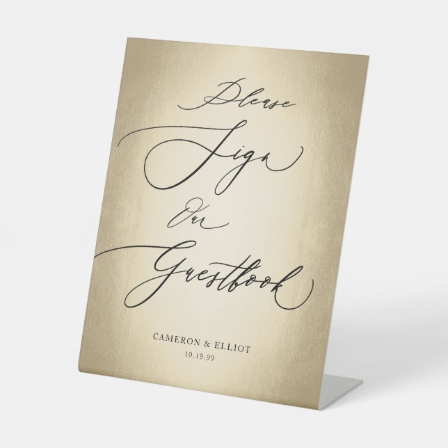 Expositor En L Libro de firmas de boda con letra caligráfica dora (Anverso)