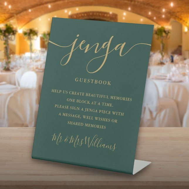 Expositor En L Libro de firmas de boda Jenga con guión esmeralda  (Emerald And Gold Script Jenga Wedding Guestbook Pedestal Sign)