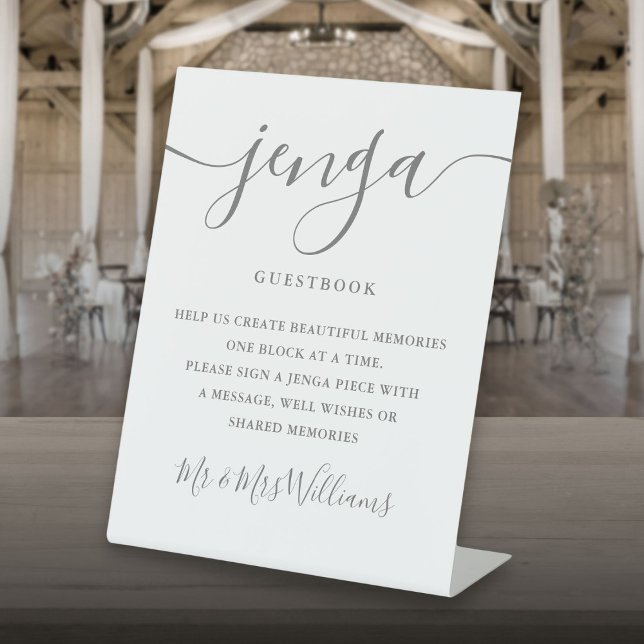 Expositor En L Libro de firmas de boda Jenga letra gris elegante (Jenga Wedding Guestbook Elegant Gray Script Pedestal Sign)