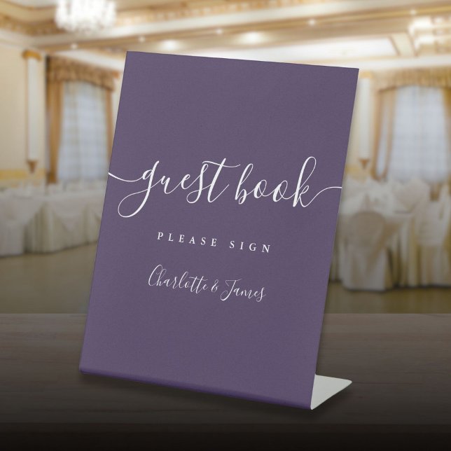 Expositor En L Libro de firmas de firma morada (Purple Signature Script Guest Book Pedestal Sign)