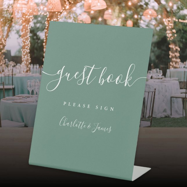 Expositor En L Libro de invitados con letra moderna elegante verd (Eucalyptus Green Elegant Modern Script Guest Book Pedestal Sign
)
