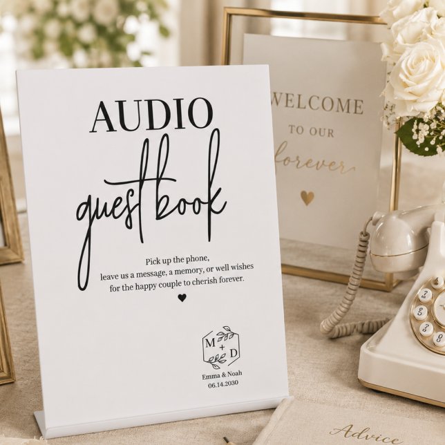 Expositor En L Libro de invitados de audio para boda (Audio Guest Book Wedding Party Pedestal Sign modern minimalist calligraphy script)