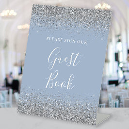Expositor En L Libro de invitados de boda con brillo plateado azu