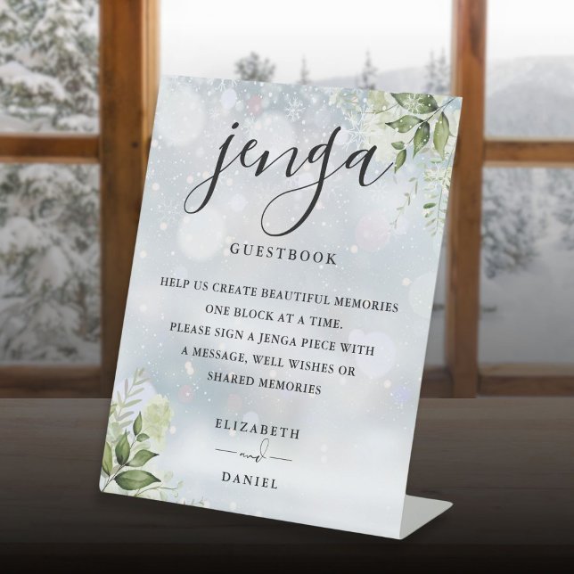 Expositor En L Libro de invitados de boda Jenga con vegetación in (Winter Greenery Jenga Wedding Guestbook Pedestal Sign)
