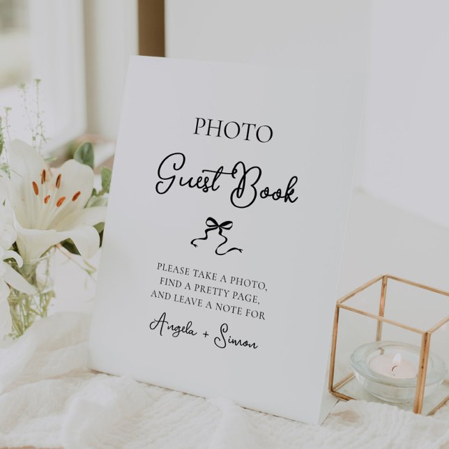 Expositor En L Libro de invitados de Bow Photo de mano (wedding photo guestbook sign, hand drawn bow photo guest book wedding table signage hand written)