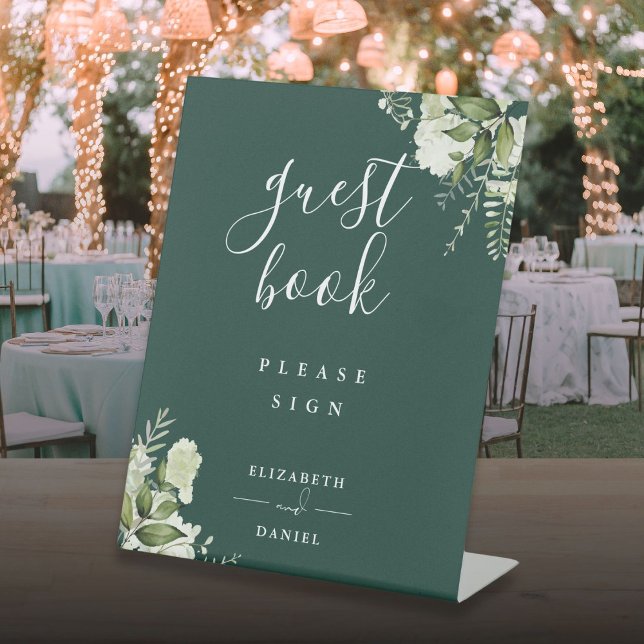 Expositor En L Libro de invitados de flores verdes elegante esmer (Emerald Elegant Floral Greenery Guest Book Pedestal Sign)