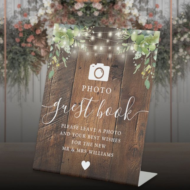 Expositor En L Libro de invitados de fotografía de vegetación rui (Rustic Wood String Light Greenery Photo Guest Book Pedestal Sign)