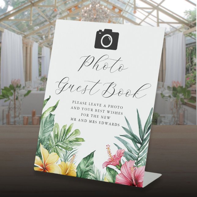 Expositor En L Libro de invitados de fotos tropicales acuarela bo (Watercolor Tropical Photo Guest Book Wedding Pedestal Sign)